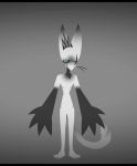  anthro big_hands black_bars black_eyes clawed_fingers crown curvy_figure dark_markings drift_(kinosnight) fur grey_background hourglass_figure kinosnight letterbox male ribs shapeshifer simple_background solo unknown_species whiskers white_body white_fur 