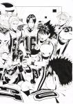  6+boys absurdres bandaid bandaid_on_nose beard bench brown_hair character_request closed_mouth eyeshield_21 facial_hair fingernails football football_helmet football_uniform greyscale helmet highres index_finger_raised kobayakawa_sena medium_hair monochrome multiple_boys murata_yuusuke official_art open_mouth pants ponytail red_eyes scan scar scar_on_cheek scar_on_face short_hair shoulder_pads sitting spiked_hair sportswear sweat traditional_media white_pants wristband 