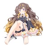  1girl absurdres ankle_ribbon anya_melfissa anya_melfissa_(1st_costume) bare_legs bare_shoulders barefoot blonde_hair breasts brown_hair feet felutiahime gradient_hair highres hololive hololive_indonesia leg_ribbon long_hair long_sleeves looking_at_viewer medium_breasts multicolored_hair puffy_sleeves purple_eyes ribbon simple_background skirt thigh_ribbon twintails virtual_youtuber white_background 