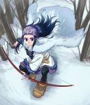  1girl ainu ainu_clothes asirpa bandana black_hair blue_eyes bow_(weapon) brown_footwear cape earrings fighting_stance foxvulpine fur_cape golden_kamuy hoop_earrings jewelry long_hair pantyhose simple_background snow solo tree_branch weapon 