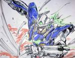  gn_drive green_eyes gundam gundam_00 gundam_exia highres holding holding_sword holding_weapon isobe_kazuma marker_(medium) mecha no_humans open_hand slashing solo sword traditional_media v-fin weapon 