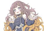  1girl absurdres anya_melfissa anya_melfissa_(1st_costume) artist_name blonde_hair blush breasts brown_hair clenched_hand commentary detached_sleeves fuusuke_(fusuke208) hair_ornament highres hololive hololive_indonesia long_hair looking_down medium_breasts open_hand open_mouth purple_eyes solo two_side_up very_long_hair virtual_youtuber white_background 