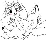  4_ears beady_eyes black_and_white blush canid canine felid feline female feral genitals hair looking_at_viewer lying mammal monochrome multi_ear multi_nipple nipples nude on_back open_mouth open_smile pawpads presenting presenting_pussy pussy simple_background smile solo spread_legs spreading tem temmie_(undertale) thick_thighs unawarey undertale video_games 