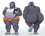  5_fingers 5_toes ape banana belly big_belly big_butt black_body black_fur blizzard_entertainment bulge butt clothed clothing clothing_lift digital_media_(artwork) eyewear feet fingers food fruit fur glasses gorilla grey_body grey_fur hairy haplorhine hi_res huge_butt humanoid_feet humanoid_hands looking_at_viewer looking_back male mammal navel nude overwatch overweight overweight_male oystercatcher7 plant primate shirt shirt_lift simple_background thick_thighs toes topwear undressing video_games wide_hips winston_(overwatch) 