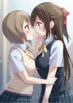  2girls arm_holding blue_eyes blue_skirt blue_vest blush brown_hair collared_shirt cowboy_shot eye_contact face-to-face half_updo hand_on_another&#039;s_arm hand_on_another&#039;s_cheek hand_on_another&#039;s_face hazuki_(sutasuta) highres imminent_kiss looking_at_another love_live! love_live!_nijigasaki_high_school_idol_club multiple_girls nakasu_kasumi neck_ribbon nijigasaki_academy_uniform ousaka_shizuku plaid plaid_skirt pleated_skirt red_eyes ribbon school_uniform shirt short_sleeves skirt summer_uniform sweater_vest vest white_shirt yellow_neckwear yuri 