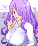  1340smile 1girl alternate_costume artist_name breasts camilla_(fire_emblem) close-up collared_shirt contemporary fire_emblem fire_emblem_fates hair_over_one_eye heart highres large_breasts looking_at_viewer one_eye_covered parted_lips pointing pointing_up purple_eyes purple_hair shirt sleeves_rolled_up solo speech_bubble white_shirt 
