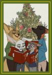  2020 anthro belt black_body black_fur border brown_body brown_fur canid canine christmas christmas_tree clothed clothing eyes_closed fox fully_clothed fur green_border grey_body grey_fur group hi_res holding_object holidays lagomorph leporid mammal open_mouth open_smile qalcove rabbit singing smile texi_(yitexity) tree white_body white_fur 