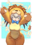  ! 1girl :o absurdres animal_costume artist_name blue_bow blush bow bowtie breasts claws eyebrows_visible_through_hair eyelashes gao guchico hair_between_eyes half-closed_eyes head_wings highres hip_focus kemono_friends kemono_friends_pavilion lion_costume looking_at_viewer medium_breasts open_mouth playground_equipment_(kemono_friends_pavilion) shiny shiny_hair shoebill_(kemono_friends) silver_hair solo tail translated v-shaped_eyebrows wide_hips yellow_eyes 