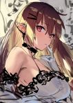  1girl bare_shoulders black_choker blonde_hair breasts choker cleavage closed_mouth from_side gloves guchico hair_ornament hairpin large_breasts long_hair looking_at_viewer original pointy_ears red_eyes sketch solo upper_body white_gloves 