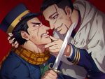  2boys black_eyes black_hair blood dagger dirty dirty_face eye_contact face-to-face foxvulpine from_side golden_kamuy hair_slicked_back hair_strand hand_on_another&#039;s_face hand_on_another&#039;s_head holding holding_dagger holding_weapon looking_at_another male_focus multiple_boys nosebleed ogata_hyakunosuke simple_background smile sugimoto_saichi teeth torn_jacket undercut upper_body weapon 