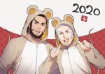  2020 2boys :d alternate_costume animal_ears beard black_hair blue_eyes buzz_cut casual chinese_new_year couple facial_hair foxvulpine goatee golden_kamuy grey_hair kiroranke male_focus mouse_boy mouse_ears mouse_tail multiple_boys open_mouth pointing pointing_at_self shiraishi_yoshitake short_hair sideburns smile tail upper_body very_short_hair 