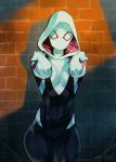  1girl breasts brick_wall commentary costume gwen_stacy hood hoodie looking_at_viewer mask medium_breasts optionaltypo solo spider-gwen spider-man:_into_the_spider-verse spider-man_(series) thighs 