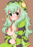  1girl bagua boomslang_(kemono_friends) breasts brown_background closed_mouth eyebrows_visible_through_hair flying_sweatdrops furrowed_eyebrows green_hair grey_eyes hair_between_eyes hood hooded_jacket jacket kemono_friends long_hair long_sleeves looking_at_viewer medium_breasts multicolored_hair nipples no_bra one_breast_out red_eyes simple_background smile snake_print snake_tail solo tail two-tone_hair undressing unzipping upper_body zipper zipper_pull_tab 