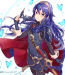  1girl belt blue_eyes blue_hair blue_shirt bug butterfly cape crown falchion_(fire_emblem) fingerless_gloves fire_emblem fire_emblem_awakening gloves haru_(nakajou-28) highres insect long_hair looking_at_viewer lucina_(fire_emblem) mask red_cape sheath shirt sword weapon 