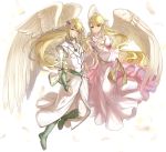  1boy 1girl bird_wings blonde_hair brother_and_sister circlet dress feathers fire_emblem fire_emblem:_path_of_radiance green_eyes green_footwear haru_(nakajou-28) highres leanne_(fire_emblem) long_hair looking_at_viewer pointy_ears reyson_(fire_emblem) siblings white_background white_dress white_robe wings 
