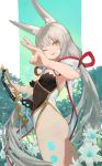  1girl ;) absurdres animal_ear_fluff animal_ears aqua_flower bangs cat_ears catalyst_scimitar flower grey_hair highleg highleg_leotard highres holding holding_sword holding_weapon leotard long_hair looking_at_viewer nia_(blade)_(xenoblade) nia_(xenoblade) one_eye_closed smile solo sou_(pale_1080) spoilers sword thighs twitter_username very_long_hair weapon xenoblade_chronicles_(series) xenoblade_chronicles_2 yellow_eyes 