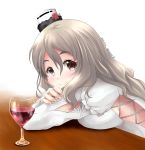  1girl alcohol brown_eyes commentary_request counter cup drinking_glass eighth_note grey_hair hat highres kantai_collection kuroneko86 looking_at_viewer mini_hat musical_note pola_(kantai_collection) shirt simple_background smile solo spoken_musical_note tilted_headwear wavy_hair white_background white_shirt wine wine_glass 