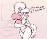  bathroom bra clothing dialogue didelphid english_text female hi_res mammal marsupial mirror monochrome nipples sink solo stunnerpony tania_(stunnerpone) text underwear virginia_opossum water_balloon wide_hips 