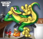  2020 absurd_res anal anal_fingering anthro anus balls bedroom_eyes bodily_fluids butt chair desk detailed digital_media_(artwork) dracovar_valeford english_text erection exhibitionism feet fingering food foreskin furniture gecko genitals gex_(series) gex_the_gecko grin happy hi_res humanoid_genitalia humanoid_penis inside lizard looking_at_viewer lying male narrowed_eyes naughty_face nude on_side paws penis pinup pose reptile retracted_foreskin scalie seductive shaded slime smile solo solo_focus speech_bubble spread_legs spreading text trash uncut video_games 