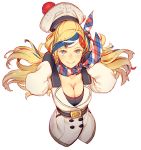  1girl anchor_hair_ornament bangs beret blonde_hair blue_eyes blue_hair breasts cleavage commandant_teste_(kantai_collection) cropped_torso double-breasted from_above hair_ornament hairclip hat highres jacket kantai_collection long_hair looking_at_viewer medium_breasts multicolored multicolored_clothes multicolored_hair multicolored_scarf plaid plaid_scarf pom_pom_(clothes) red_hair scarf simple_background smile solo streaked_hair swept_bangs uyama_hajime wavy_hair white_background white_hair 