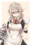  1girl alcohol alternate_costume apron bespectacled black-framed_eyewear black_dress border bow bowtie brown_eyes cowboy_shot cup dated dress drinking_glass drunk enmaided frilled_apron frills fyuo glasses grey_hair hair_between_eyes highres jar kantai_collection looking_at_viewer maid open_mouth pink_background pola_(kantai_collection) red_neckwear sake semi-rimless_eyewear signature solo thick_eyebrows two-tone_background under-rim_eyewear wavy_hair white_apron white_border wine_glass 