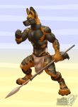  african_wild_dog angry angry_face anthro black_body black_fur brown_body brown_fur bulge canid canine canis clothed clothing ear_piercing fangs fur heath_(majorwolf) hi_res holding_object holding_weapon loincloth looking_away male mammal melee_weapon muscular muscular_anthro muscular_male navel nipples pecs piercing polearm red_eyes simple_background solo spear topless underwear vallhund weapon 