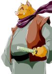  2020 anthro belly brown_body brown_fur clothing fur hi_res humanoid_hands kemono male mammal raitaohishi robe simple_background slightly_chubby solo suid suina sus_(pig) weapon white_background wild_boar 