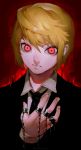  1boy angry aura black_neckwear chain dress_shirt expressionless eyebrows eyebrows_visible_through_hair formal glowing glowing_eyes hair_between_eyes hand_up highres hunter_x_hunter ibuo_(ibukht1015) jewelry kurapika looking_at_viewer necktie open_hand red_background red_eyes ring shirt short_hair signature stern upper_body white_shirt 