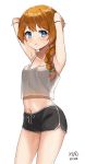  1girl absurdres armpits arms_up baba_konomi bangs bare_arms bare_shoulders black_shorts blush braid breasts brown_hair camisole cleavage commentary crop_top dated eyebrows_visible_through_hair grey_camisole hair_over_shoulder highres idolmaster idolmaster_million_live! idolmaster_million_live!_theater_days long_hair looking_at_viewer midriff myeolchi navel parted_lips short_shorts shorts signature simple_background single_braid small_breasts solo sweat white_background 