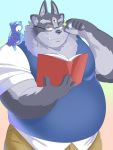  2020 3:4 anthro belly book bottomwear clothing cute_fangs duo eyewear glasses goo_creature hi_res humanoid_hands male neog_pan overweight overweight_male pants reading shirt tokyo_afterschool_summoners topwear tsathoggua video_games 