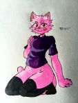  &lt;3 3:4 absurd_res anthro baizhu blush bottomless clothed clothing convenient_censorship domestic_cat english_text facial_tuft felid feline felis fur girly hi_res kneeling legwear looking_at_viewer male mammal parker_(baizhu) pink_body pink_fur purple_clothing red_eyes seiza shirt sitting smile text thigh_highs topwear traditional_media_(artwork) wide_hips 