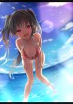  1girl :d ahoge bangs bare_arms bare_legs bare_shoulders barefoot blue_sky blush breasts cloud cloudy_sky collarbone commentary_request day eyebrows_visible_through_hair grey_hair horizon horizontal_stripes inuno_pesu large_breasts leaning_forward long_hair looking_at_viewer ocean open_mouth original pink_eyes sky smile solo standing striped swimsuit two_side_up 