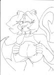  anthro big_breasts bodily_fluids breasts cleavage_cutout clothed clothing domestic_cat felid feline felis female hi_res hybrid mammal membrane_(anatomy) monochrome saliva spade_tail superbunnygt tongue tongue_out torn_clothing 