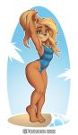 2020 activision anthro bandicoot barefoot beach blonde_hair breasts clothed clothing coco_bandicoot crash_bandicoot_(series) female green_eyes hair hi_res mammal marsupial paracose sand seaside simple_background small_breasts smile solo swimwear teeth video_games water 