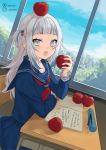  apple bangs blue_eyes blue_hair blunt_bangs food fruit gawr_gura hololive hololive_english medium_hair multicolored_hair notebook open_mouth pencil_case sailor_collar school_uniform shark_girl sharp_teeth silver_hair streaked_hair teeth ten-chan_(eternal_s) two_side_up virtual_youtuber 