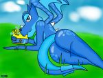  4:3 absurd_res anthro blue_body blue_eyes blue_scales blue_skin breasts butt clash_royale crown dannydemon dragon electro_dragon_(clash_royale) female genitals hi_res long_tail lying multicolored_body pussy scales seductive simple_background smile solo two_tone_body video_games wings 