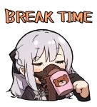  1girl ak-12_(girls_frontline) amonitto black_gloves blush chibi closed_eyes cropped_shoulders cup english_text gas_mask girls_frontline gloves holding holding_cup long_hair partially_fingerless_gloves silver_hair simple_background solo spilling white_background 