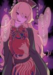  1girl absurdres bangs black_background black_dress black_headwear blonde_hair commentary_request dress energy fox_print hat highres junko_(touhou) kawayabug long_hair long_sleeves open_mouth red_eyes smile solo tabard touhou translation_request upper_body 