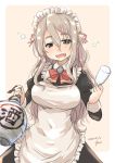  1girl alcohol alternate_costume apron black_dress border bow bowtie brown_eyes commentary_request cowboy_shot cup dated dress drinking_glass drunk enmaided frilled_apron frills fyuo grey_hair hair_between_eyes highres jar kantai_collection looking_at_viewer maid open_mouth pink_background pola_(kantai_collection) red_neckwear sake signature smile solo thick_eyebrows two-tone_background wavy_hair white_apron white_border wine_glass 