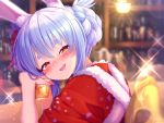  1girl alcohol animal_ears blue_hair blurry blurry_background blush bokeh bottle bow braid bunny-shaped_pupils bunny_ears commentary_request counter cup depth_of_field double_bun drink highres holding holding_cup hololive japanese_clothes kimono lens_flare looking_at_viewer magowasabi multicolored_hair open_mouth orange_eyes red_kimono short_hair sidelocks signature sitting smile solo sparkle thick_eyebrows two-tone_hair upper_body usada_pekora virtual_youtuber yellow_bow 