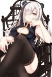  1girl animal_ears arknights armchair bangs black_dress black_hair black_legwear breasts brown_eyes chair china_dress chinese_clothes cleavage cleavage_cutout clothing_cutout crossed_legs doyagao dress feater_(arknights) hair_over_one_eye highres large_breasts looking_at_viewer multicolored_hair on_chair panda_ears sitting sleeveless sleeveless_dress smile smirk smug solo streaked_hair thighhighs tokoi two-tone_hair white_hair 