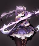  1girl absurdres bangs black_legwear closed_mouth detached_sleeves double_bun dress einheadt electricity genshin_impact gloves grey_background hair_ornament highres holding holding_sword holding_weapon huge_filesize keqing long_hair pantyhose pink_eyes purple_dress purple_gloves purple_hair simple_background solo sword twintails weapon wide_sleeves 