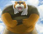  2020 anthro belly benzo_(artist) blush bottomwear brown_body brown_fur clothing fur hi_res kemono male mammal outside overweight overweight_anthro overweight_male pants solo tongue tongue_out towel ursid 