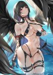  1girl absurdres areola_slip areolae azur_lane bare_shoulders bikini black_bikini black_hair breasts commentary_request dead_or_alive egoist-001 grin highres large_breasts long_hair looking_at_viewer midriff navel nyotengu skindentation smile solo swimsuit thighs very_long_hair wings 