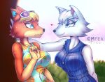  &lt;3 animal_crossing anthro audie_(animal_crossing) big_breasts blonde_hair blush breasts canid canine canis clothed clothing complextree duo eyewear female female/female fur hair hi_res mammal nintendo orange_body orange_fur outside sunglasses video_games white_body white_fur whitney_(animal_crossing) wolf 