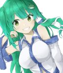  1girl bare_shoulders blush breasts collarbone collared_shirt commentary detached_sleeves eyebrows_visible_through_hair frog_hair_ornament green_eyes green_hair grin hair_ornament hair_tubes hand_in_hair kochiya_sanae large_breasts leaning_to_the_side long_hair looking_to_the_side navel one_side_up shirt simple_background smile snake_hair_ornament solo teeth touhou tyouseki upper_body white_background white_shirt wide_sleeves 