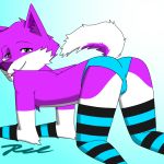  1:1 akaru akaruhusky anthro anus bulge butt canid canine clothed clothing fur genitals girly hair looking_at_viewer male mammal purple_body purple_eyes purple_fur simple_background smile solo topless underwear 