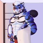  1:1 anthro ashi_ton beard blue_body blue_eyes bulge facial_hair felid fur hair hi_res male male/male mammal muscular muscular_anthro muscular_male nipples pantherine pink_nipples pubes solo striped_body striped_fur striped_tail stripes teeth tiger 