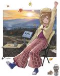  1girl arms_up autumn_leaves bangs blue_footwear breasts camping_chair cardigan cup fang green_eyes highres inuyama_aoi iwauchi_tomoki leaf light_brown_hair loose_pants mountain one_eye_closed open_mouth outdoors pants shoes sidelocks signature sitting skin_fang sneakers solo stretch sunset thick_eyebrows yellow_cardigan yurucamp 