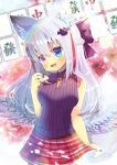  1girl :d absurdres animal_ear_fluff animal_ears bangs bare_arms bare_shoulders bat_hair_ornament black_bow black_nails blue_eyes blurry blurry_background blush bow braid breasts depth_of_field eyebrows_visible_through_hair fang feathered_wings grey_wings hair_between_eyes hair_bow hair_ornament hairclip head_tilt heterochromia highres holding key kouu_hiyoyo long_hair looking_away low_wings mahjong mahjong_tile medium_breasts multicolored_hair nail_polish open_mouth original plaid plaid_skirt purple_eyes purple_sweater red_hair red_skirt silver_hair skirt sleeveless_sweater smile solo streaked_hair sweater tail wings x_hair_ornament 